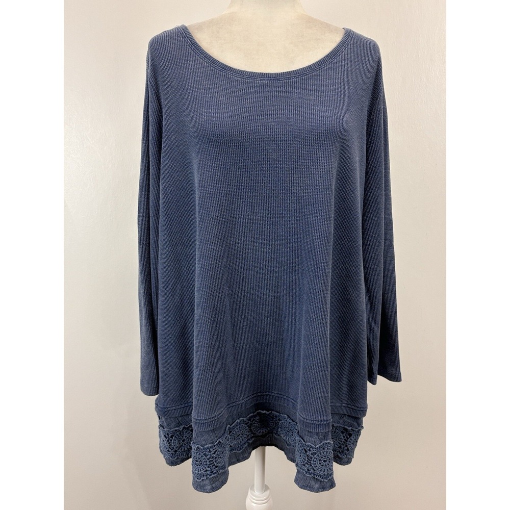 Ali Miles Waffle Knit Tunic Top Size XL Crochet Hem Detail Pullover Blue